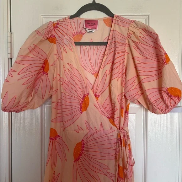 Kate Spade Falling Flower Wrap Midi Dress Pink Orange Puff Sleeve Size 4 - Picture 4 of 16